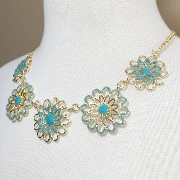 Aqua Blue Dot Open Daisy Necklace Earrings Set - Picture 2 of 3